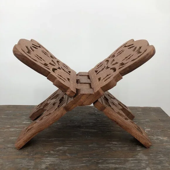 Vintage Teak Wood Book Holder Kitchen Stand Hand Carved Floral Leaf Design Foldi - Picture 5 of 9